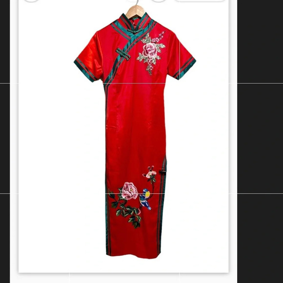 Chinese Qipao with Modern Design Red Satin Long Dress size Medium excellent cond - Picture 1 of 11